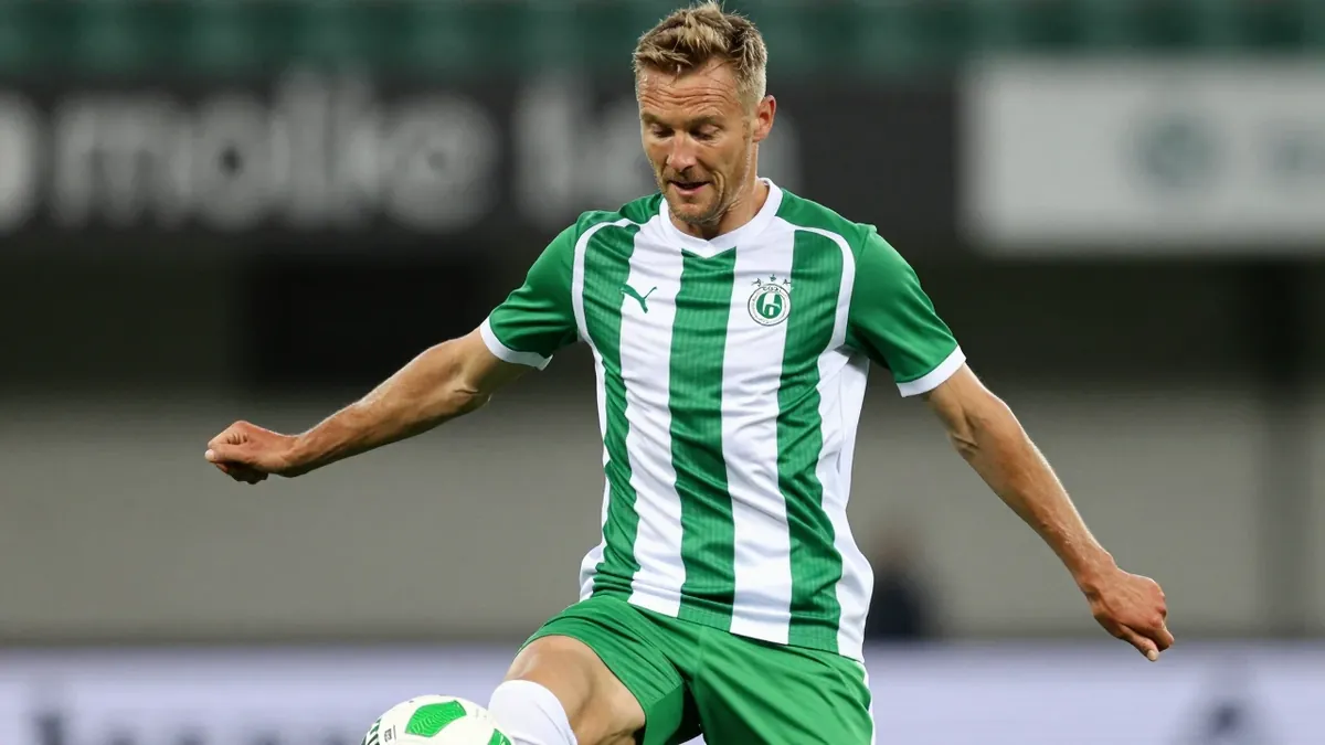 A mid-30s, athletic, anonymous midfielder in a Molde FK kit (green and white) with a smooth, unbroken fabric, wearing a...